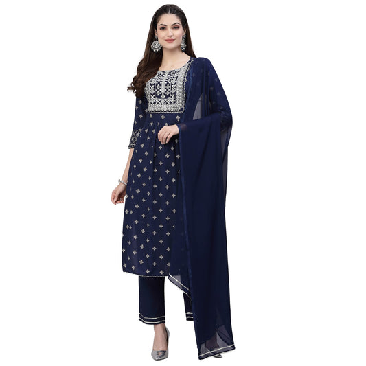 Stylum Women's Printed & Embroidered Rayon Straight Kurta Pant With Dupatta (Navy Blue)