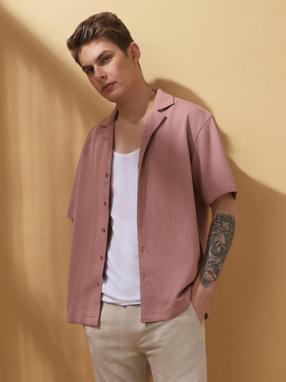 Dennis Lingo Men Relaxed Fit Pink Half Sleeves Polyester Casual Shirt