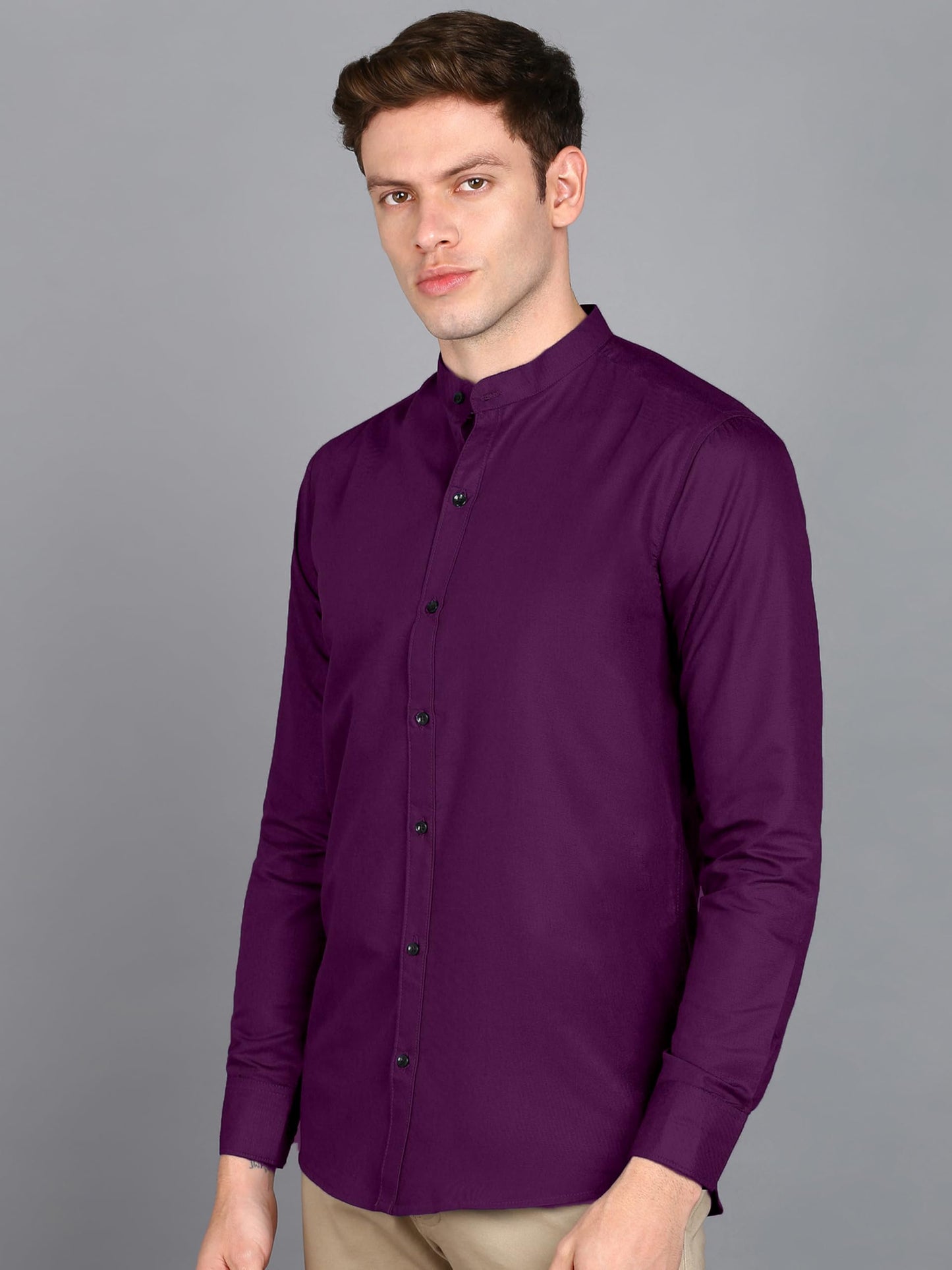 Mildin MenS Regular Cotton Blend Purple Slim Fit Solid Button Down Mandarin Chinese Collar Full Sleeve Curved Hemline Casual Sh