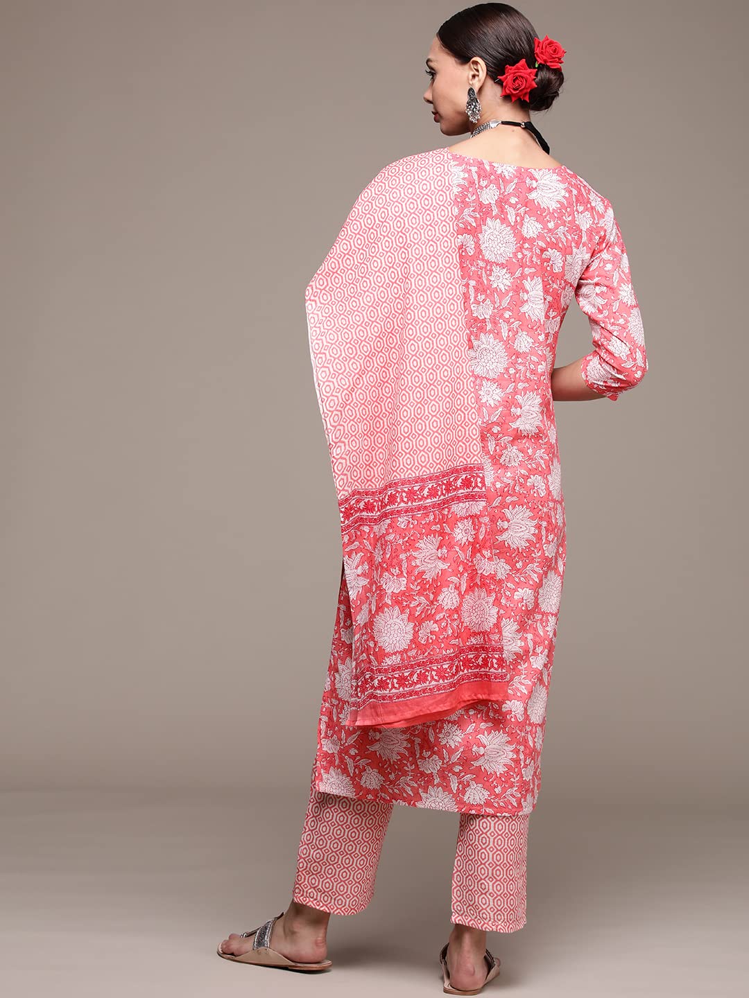 anubhutee Women's Cotton Pink Floral Printed Straight Kurta Suit Set With Pants And Dupatta