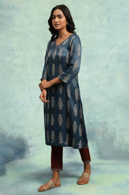 W for Woman Indigo AJRAKH Kurta in Lustrous Satin