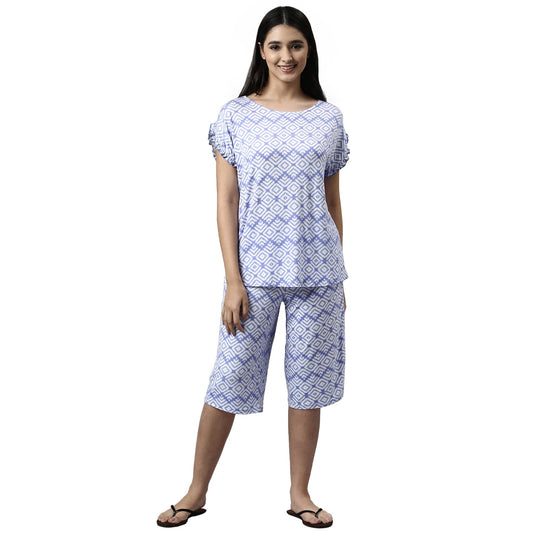 Enamor Essentials-Relaxed Fit Viscose Printed Ruffled Trim Tee & Shant Lounge Set For Womens-EC18 (EC18_Purple Slate Tie Dye Aop