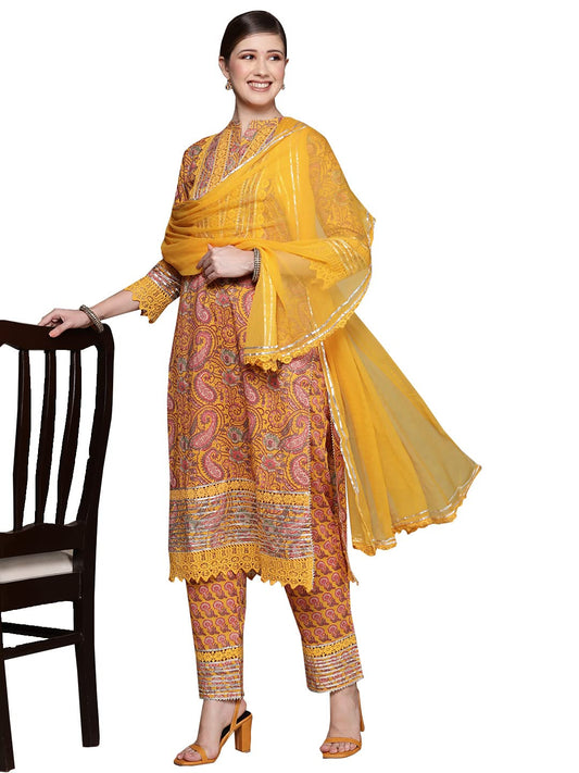 ishin Women's Cotton Blend Mustard Embroidered A-Line Kurta Set with Trouser and Dupatta
