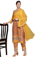 ishin Women's Cotton Blend Mustard Embroidered A-Line Kurta Set with Trouser and Dupatta