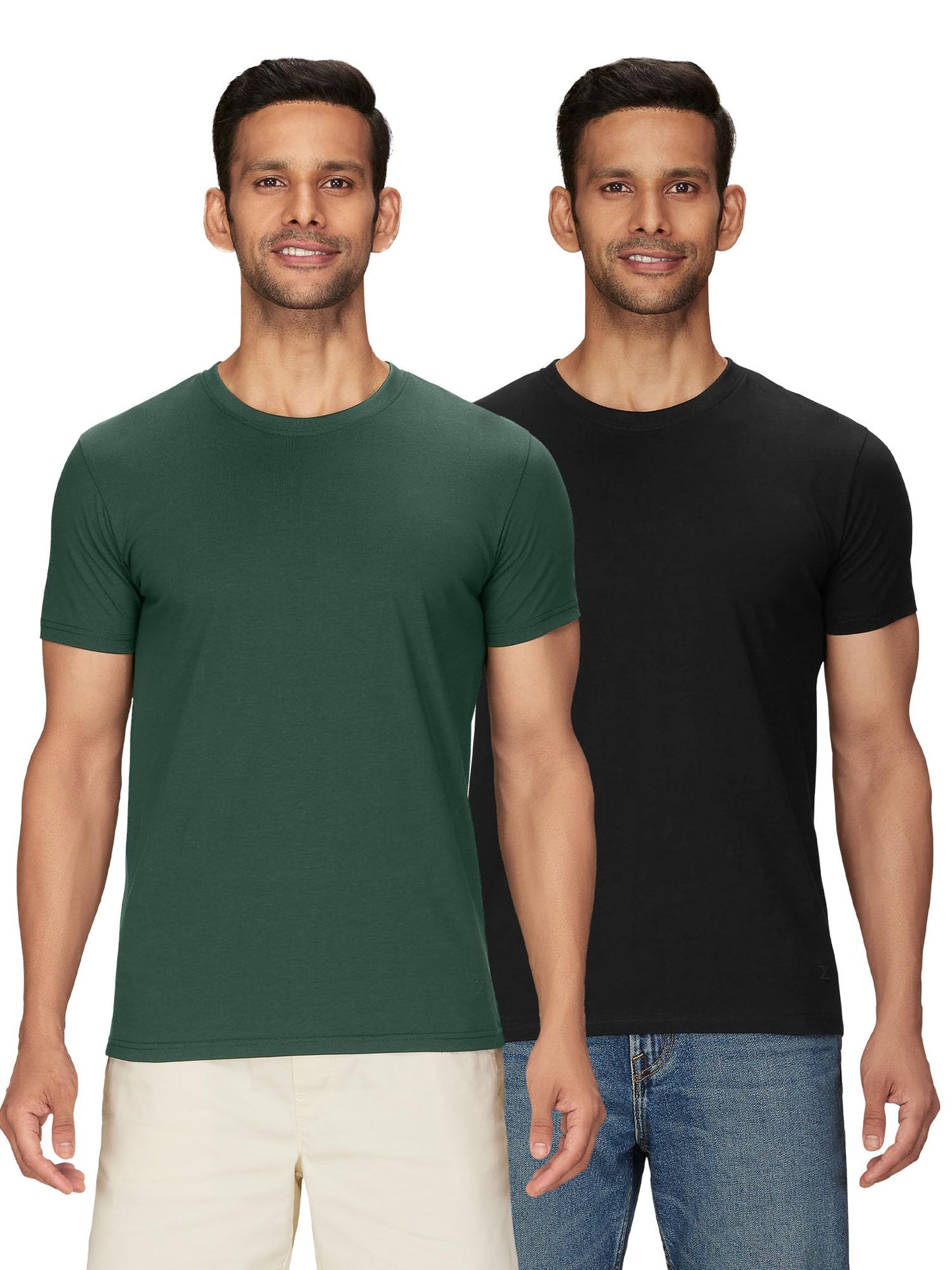 XYXX Mens Solid Regular Fit T-Shirt (XY_CR15_Tshirt_2_Pine Green+Pitch Black