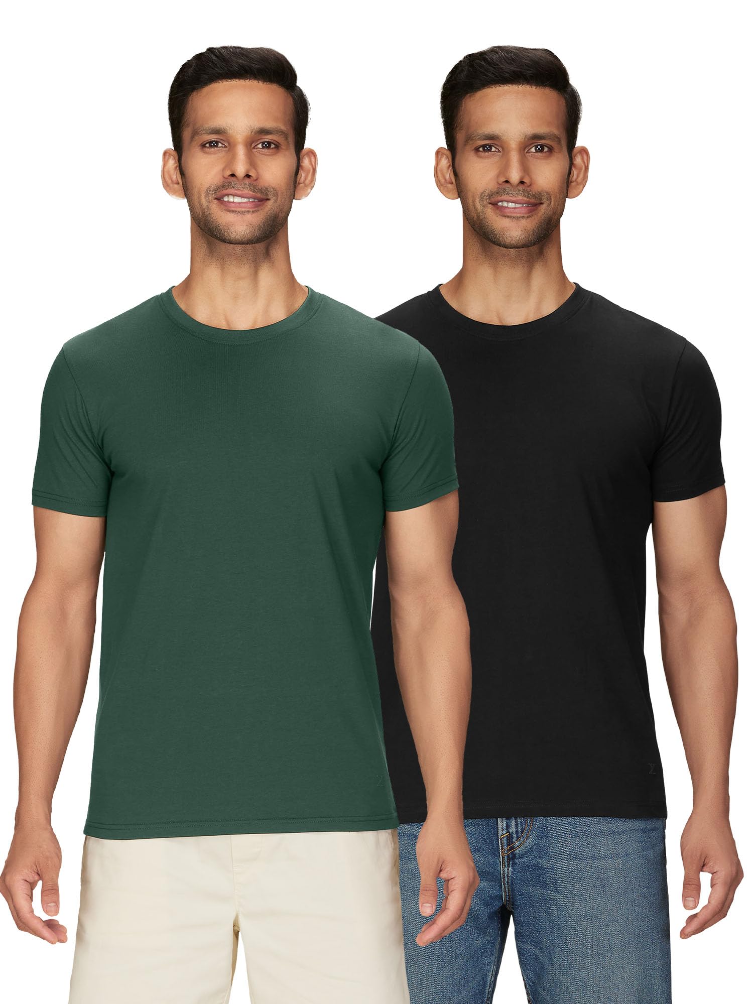 XYXX Mens Solid Regular Fit T-Shirt (XY_CR15_Tshirt_2_Pine Green+Pitch Black
