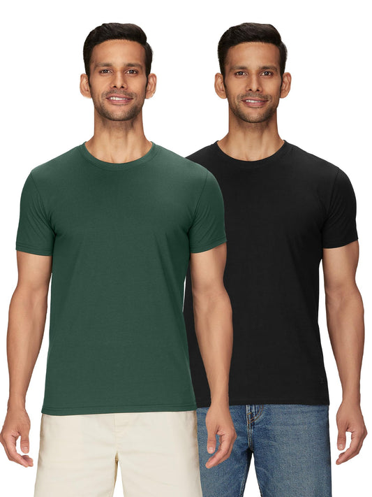 XYXX Mens Solid Regular Fit T-Shirt (XY_CR15_Tshirt_2_Pine Green+Pitch Black