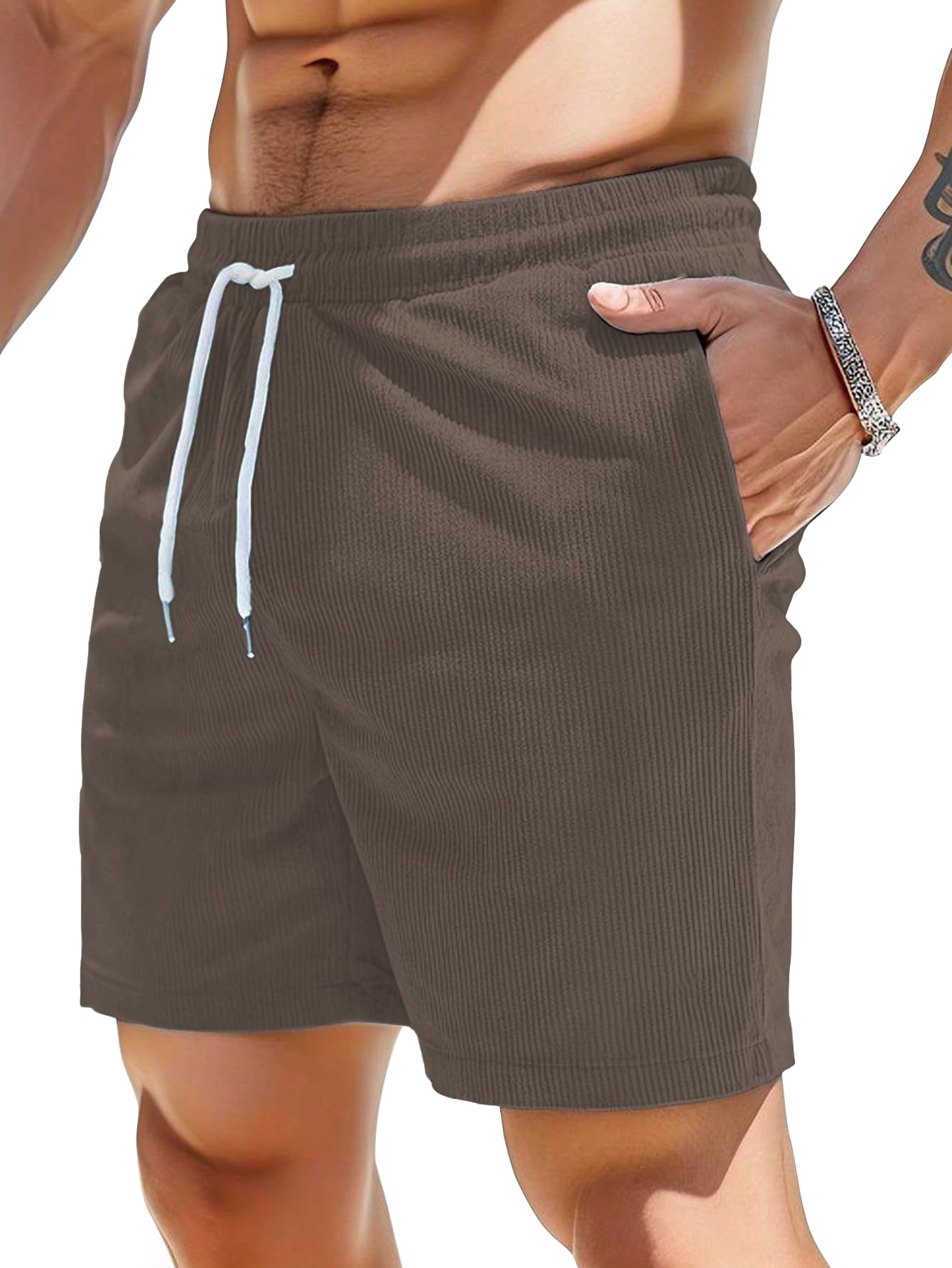 AVANOVA Mens Brown Solid Color Loose Fit Drawstring Short with Pockets, Casual Patch Pocket Waist Letter Print Shorts (Shotrs 1