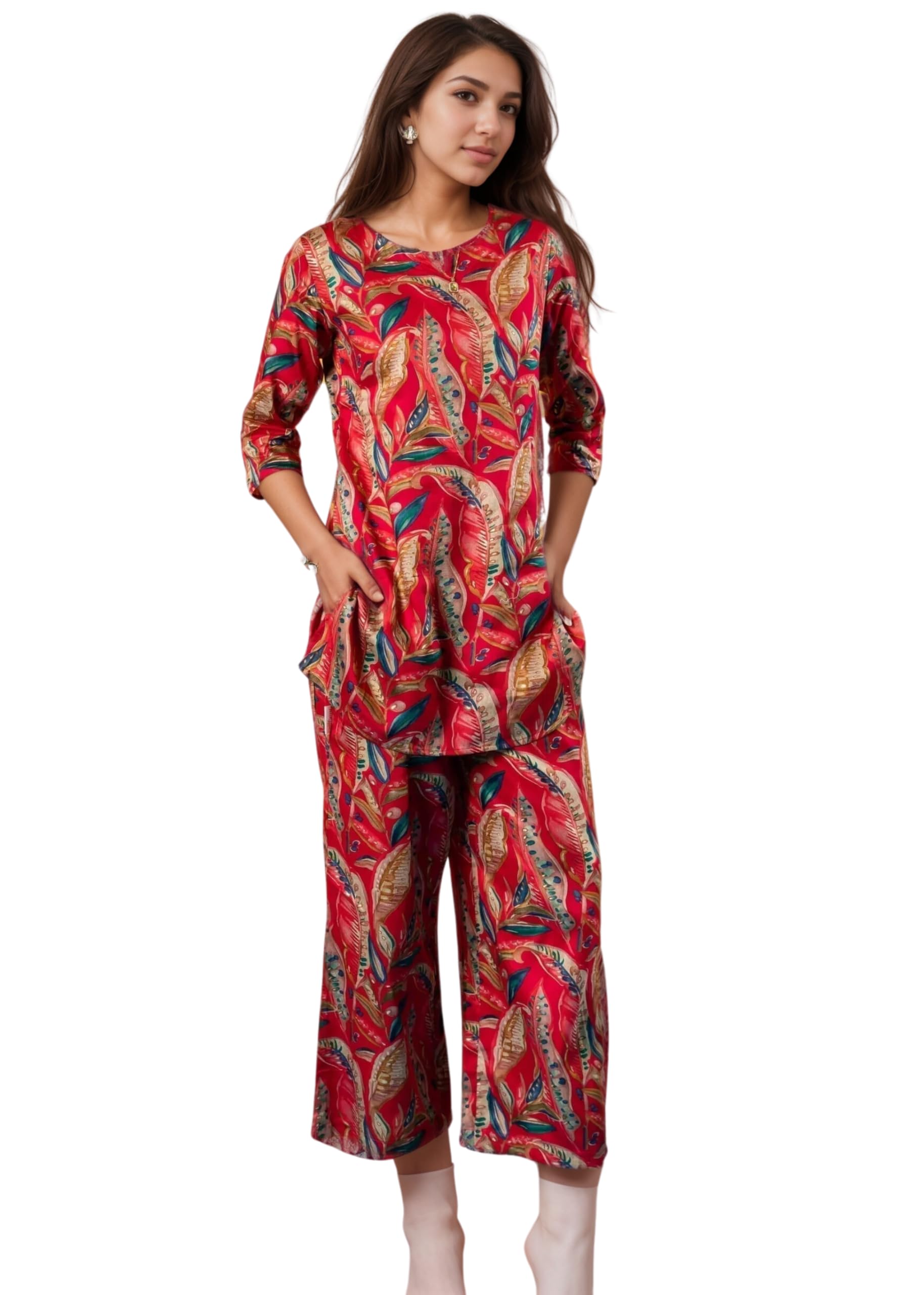 Shienzy Stylish Printed Cotton Blend Co Ord Set For Women || Casual & Festive Indo-Western Outfit || Kurta Pant Set (1591Shz_Rd_