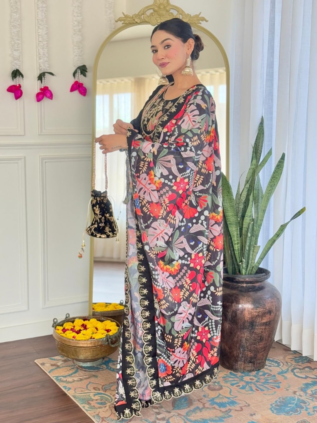 Naixa WomenS Black Chanderi Viscose Embroidered Straight Kurta With Chanderi Viscose Pant And Silk Printed Dupatta Sets (Nx-M-N
