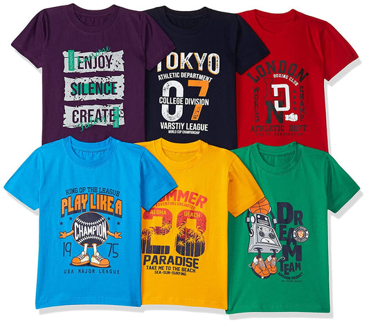 T2F Boys Cotton Printed Regular Fit T-Shirt (Pack of 6)