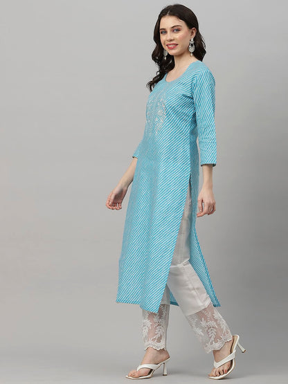 GoSriKi Women's Cotton Blend Embroidered Straight Kurta