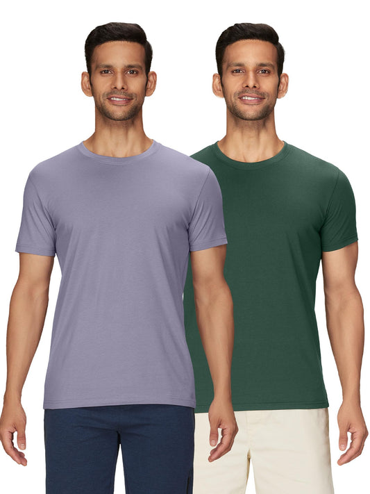 XYXX Mens Solid Regular Fit T-Shirt (XY_CR15_Tshirt_2_Misty Lilac+Pine Green