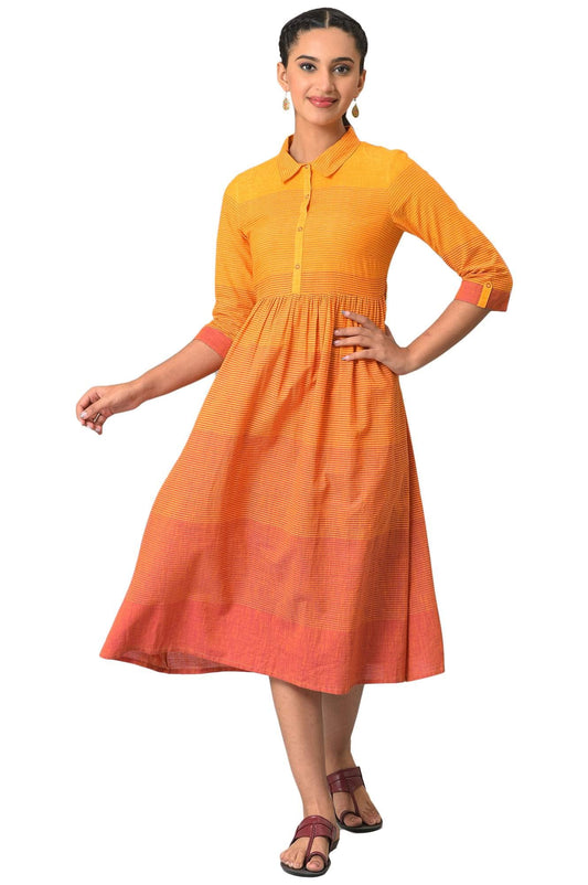 Orange Ombre Shirt Collar Summer Dress