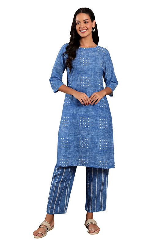 W For Woman Blue Polka Dot Printed Pure Cotton Straight Kurta And Pants Co-Ord Set