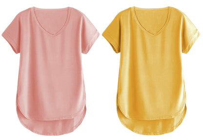 Fabricorn Combo Of Plain Dusty Rose And Mustard Yellow V- Neck Up And Down Cotton Tshirt For Women (Dusty Rose And Mustard Yello