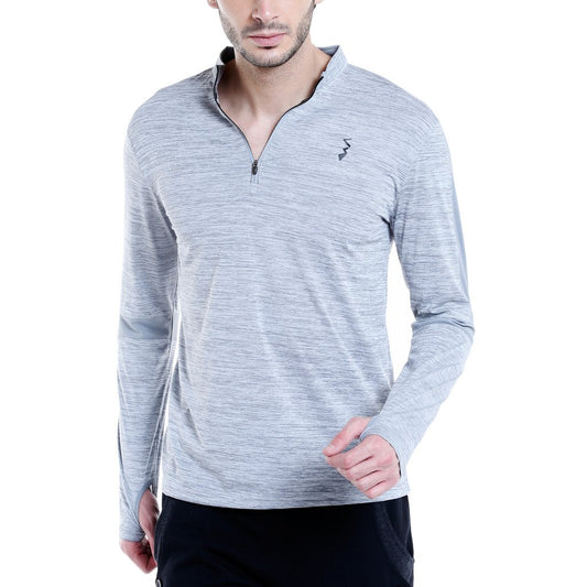 Campus Sutra Mens Light Grey Heathered Activewear T-Shirt for Casual Wear | Dri-Fit | Mock Neck | Long Sleeve | Zipper Closure
