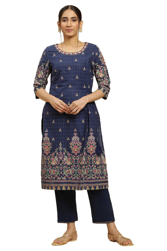 W For Woman Blue Floral Printed Cotton Khadi Straight Long Kurta