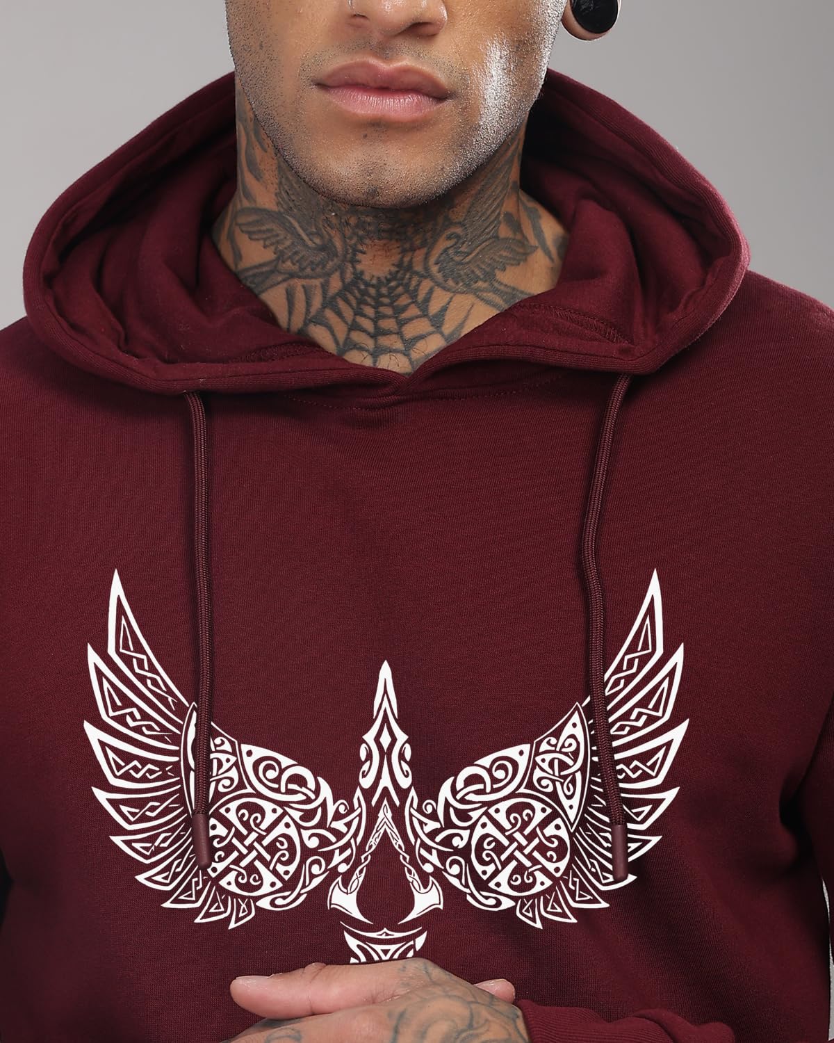 ADRO Men's Cotton Neck Hooded Sweatshirt (H24-BIRD-MR_Maroon