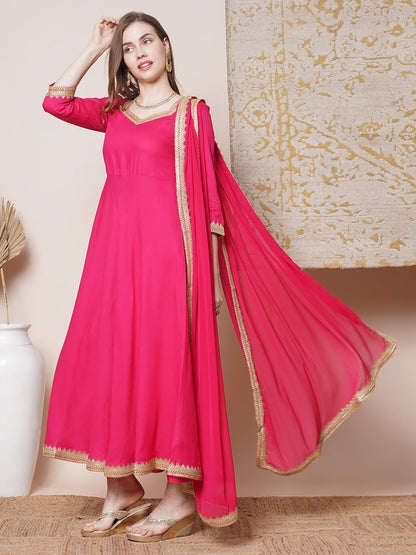 GoSriKi Anarkali Kurta Set for Women - Rayon Blend, Pink, Size 44, Model SHYAM-CLRS-GS with Trousers and Dupatta