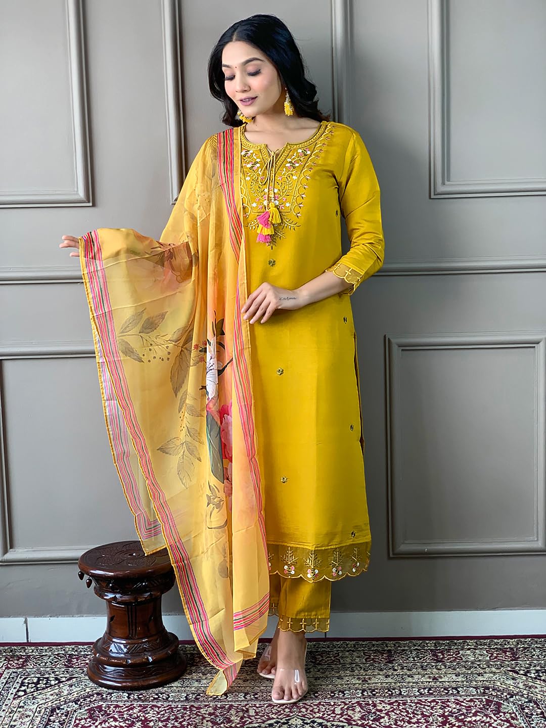 Naixa WomenS Pure Cotton Embroidered Straight Kurta With Pant And Dupatta Sets For Wedding And Festival Wear (Nx3-556-Mustard-X