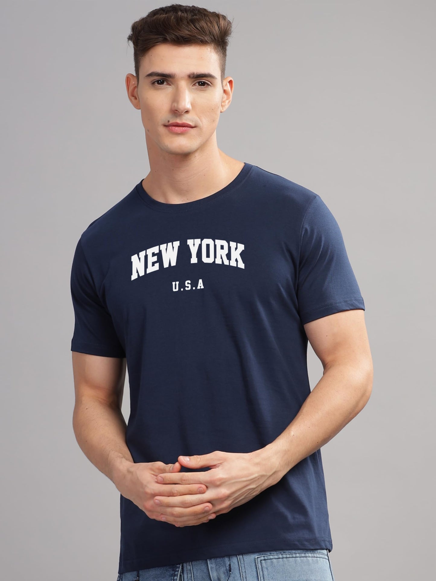 ADRO Mens New York Printed Tshirt for Men - Premium Cotton T Shirt for Men - Urban Stylish T-Shirt in Regular Fit Navy Blue T-Sh
