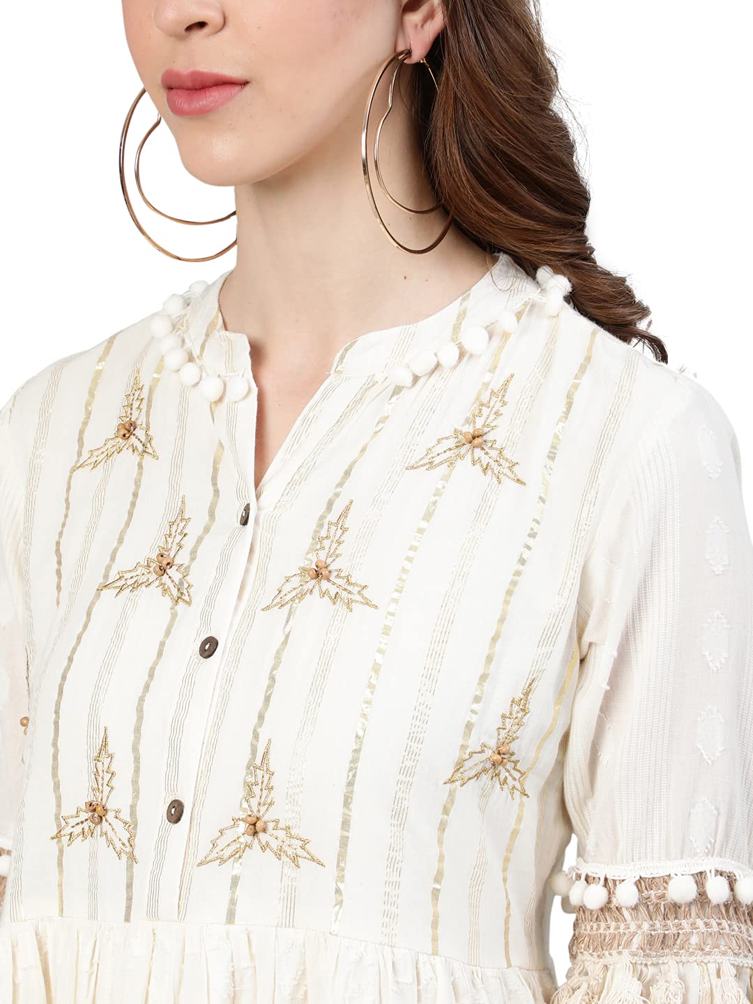 Ishin WomenS Off White Pure Cotton Zari Embroidered A-Line Dress