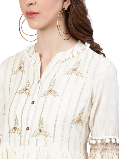 Ishin WomenS Off White Pure Cotton Zari Embroidered A-Line Dress