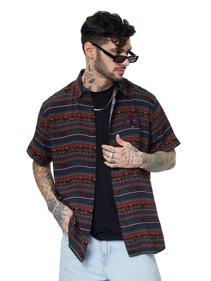 The Souled Store Official Black Panther: Tribal Pattern Men and Boys Relaxed fit Half Sleeve Rayon Navy Blue Color Men Summer Sh