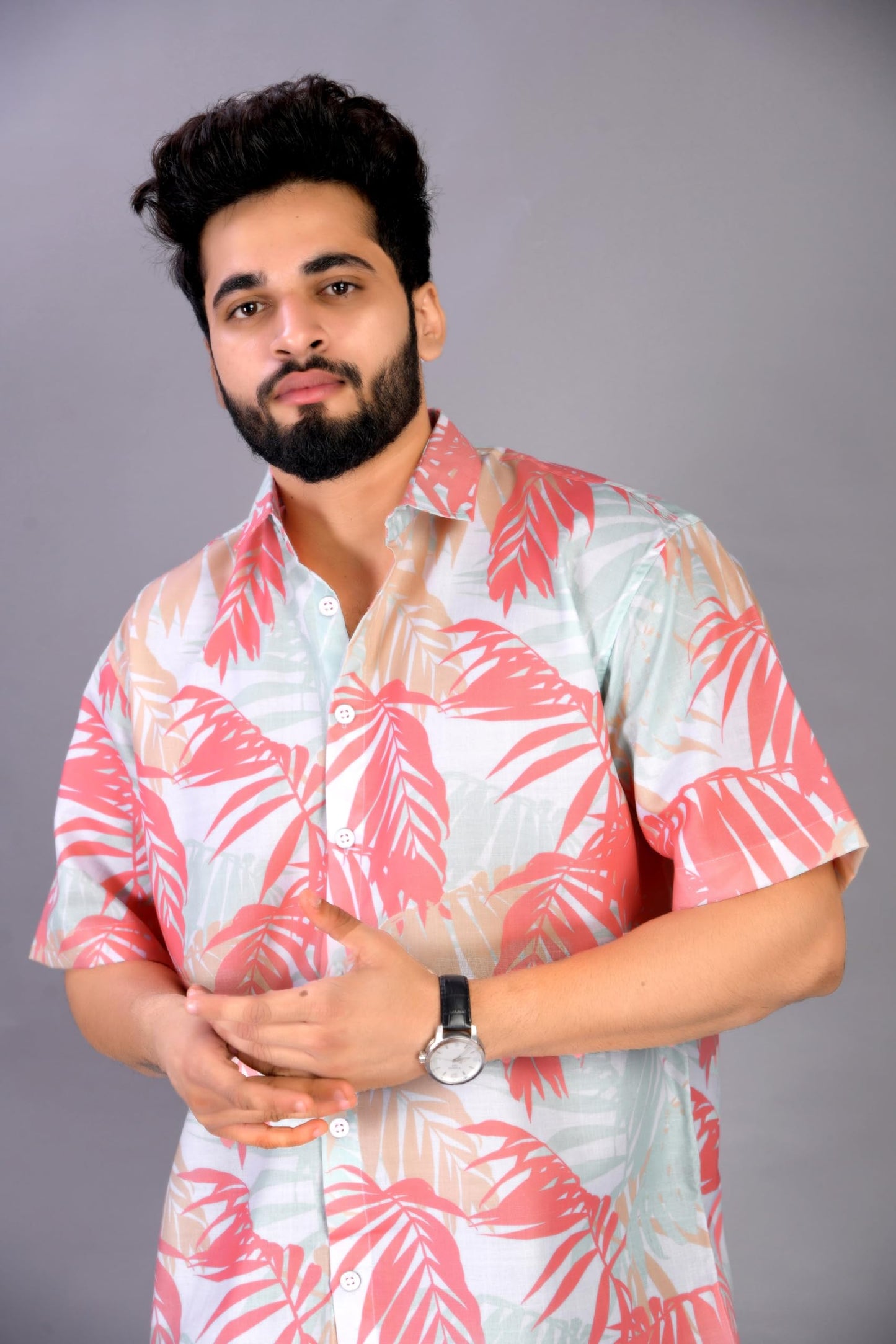 Brown Culture MenS Cotton Blend Leaf Print Shirt With Spread Collared Half Sleeves Standard Length And Button Down Closure Type