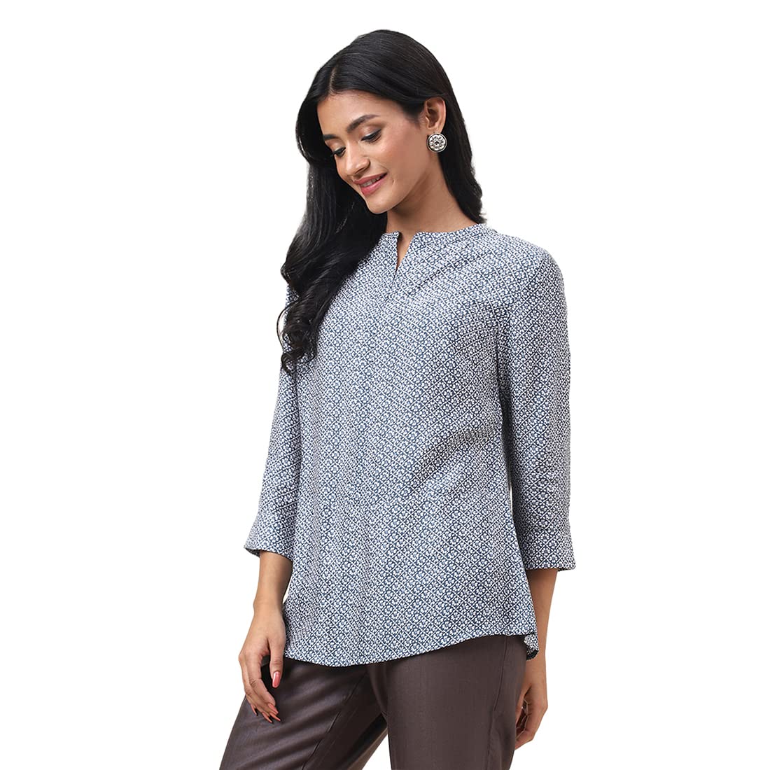 Fabindia WomenS Printed Regular Fit Top (2110590Blue_Blue