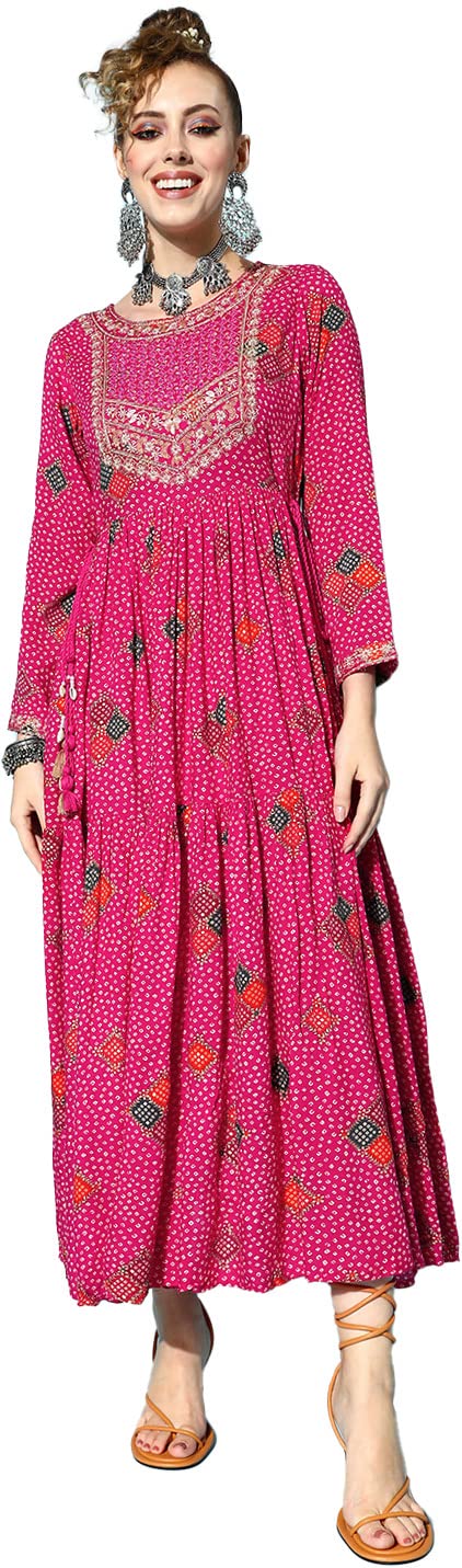 ishin Women's Rayon Pink Bandhani Print Embroidered Anarkali Kurta