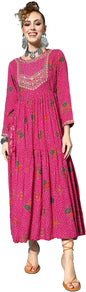 ishin Women's Rayon Pink Bandhani Print Embroidered Anarkali Kurta