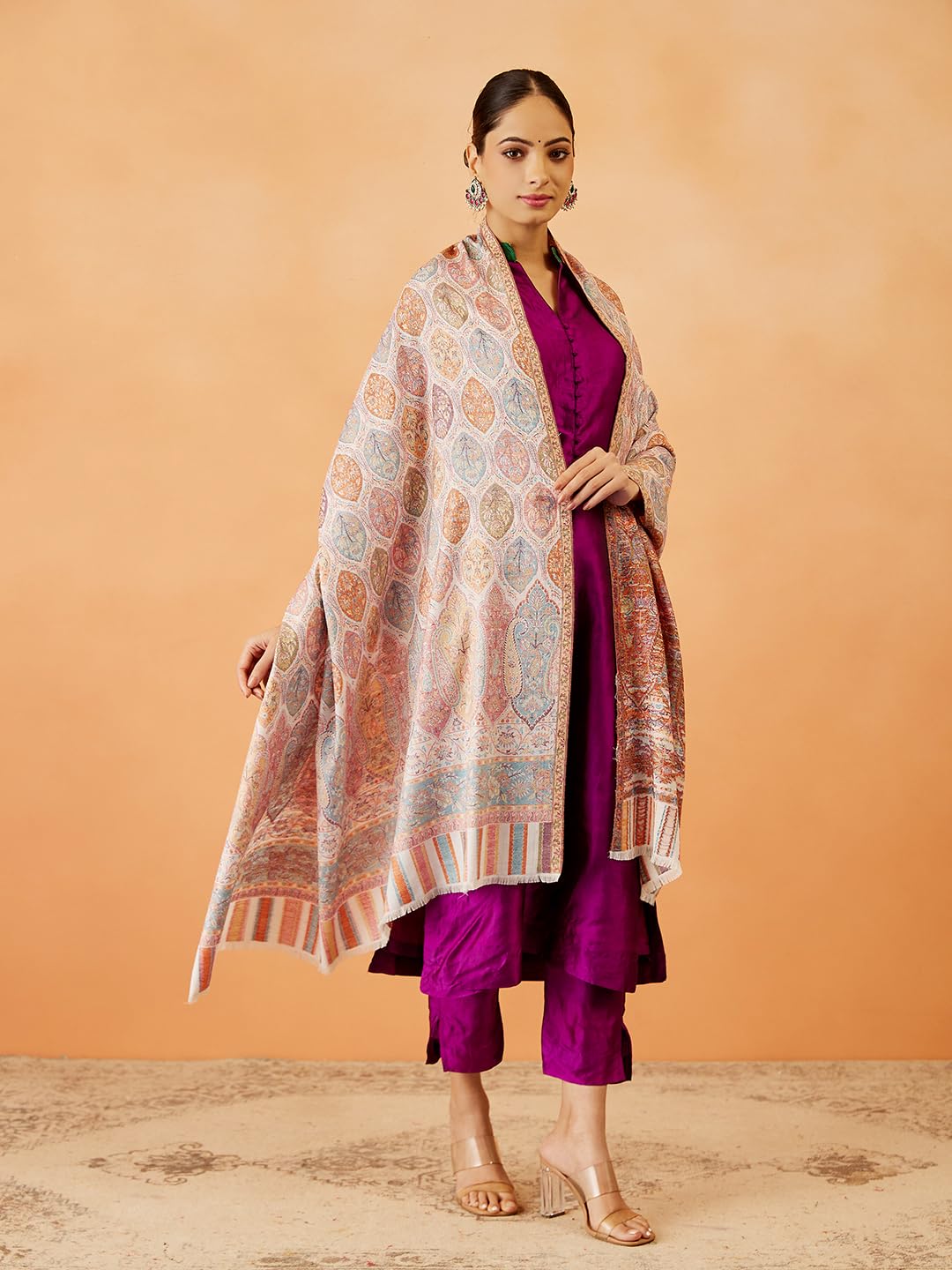 Pashmoda Women Gulnaz Kaani Wool Blend Kashmiri Shawl, Stole, Scarf, Luxury Pashmina Evening Wrap (Size: 101 X 203 CM)