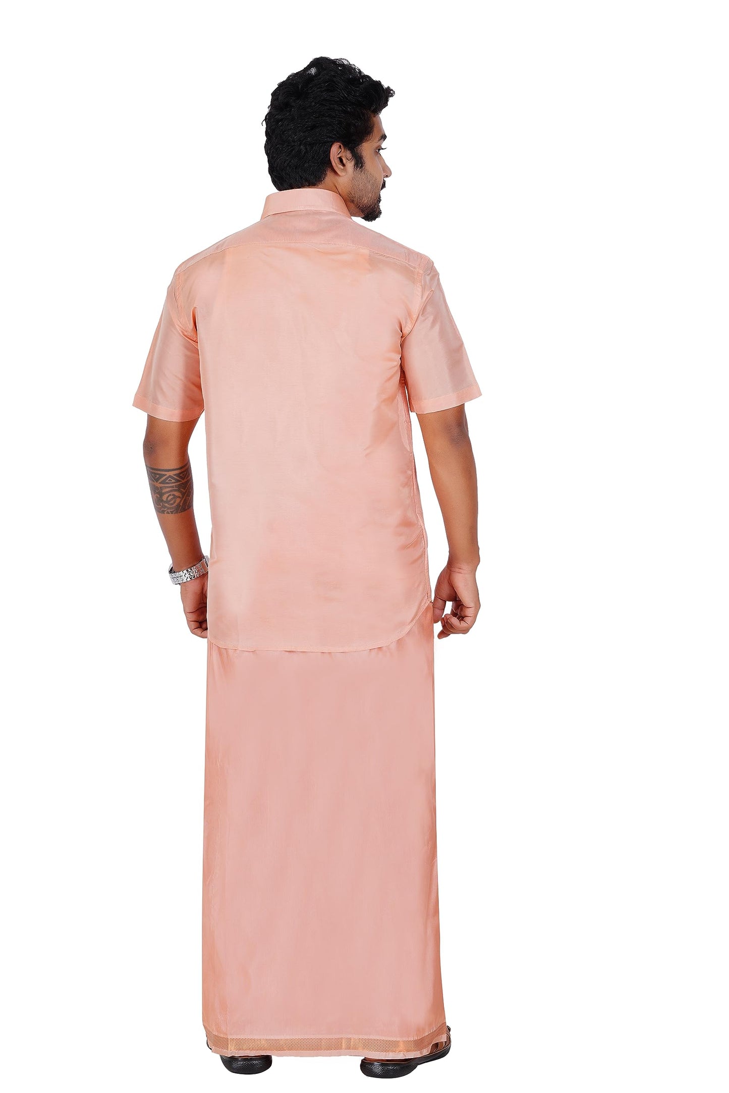 PRAKASAM COTTON-Mens Art Silk Tissue Wedding Set/Art Silk Tissue 8 Mulam (8-Yard) Dhoti and Stitched Half Sleeve Shirt