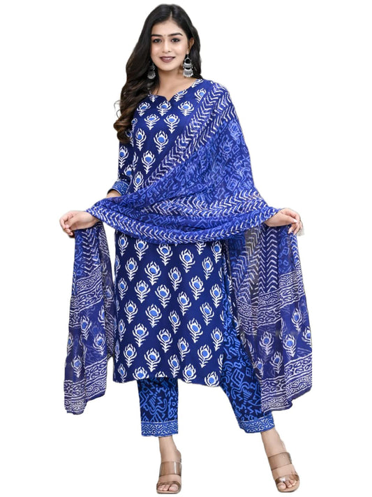 GoSriKi Women's Cotton Blend Floral Printed Straight Kurta with Pants & with Dupatta (Bulgeriya Blue-NW-CMD-GS)