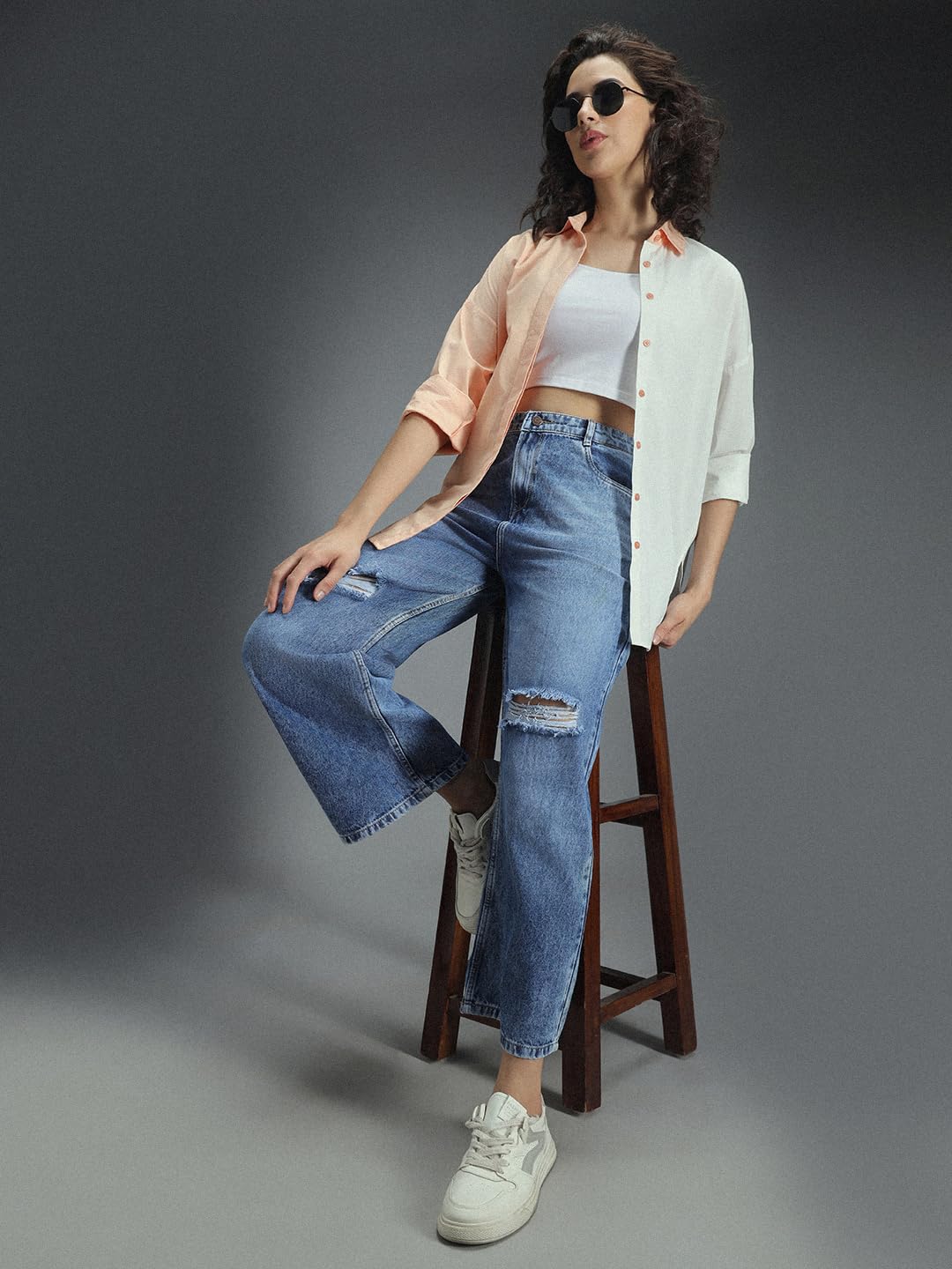 High Star Classic Oversized Colourblocked Spread Collar Long Sleeves Cotton Casual Shirt