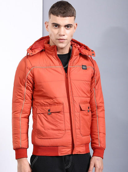 The Indian Garage Co Men Orange Regular Fit Badges Hooded Bomber Jacket