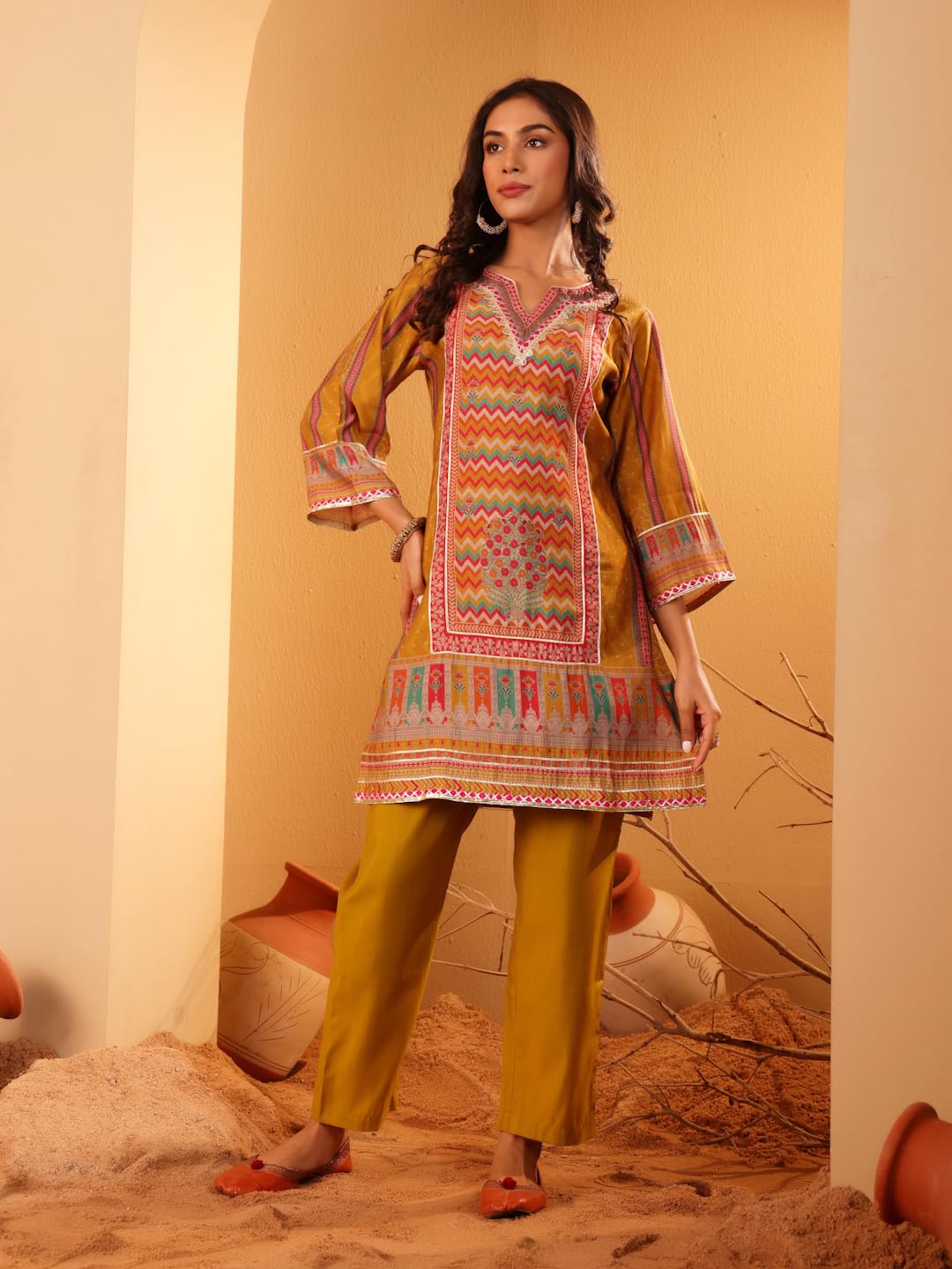 Varanga Women Mustard Ethnic Printed Straight Kurta With Trousers  Cotton Set For Casual Outings, Stylish Design For All Occasio