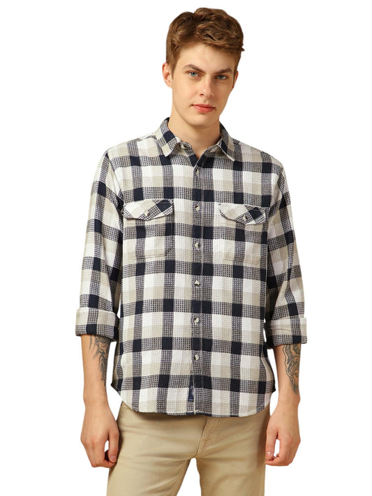 Dennis Lingo Men Relaxed Fit Cotton Full Sleeves Checks Casual Shirts Navy Blue