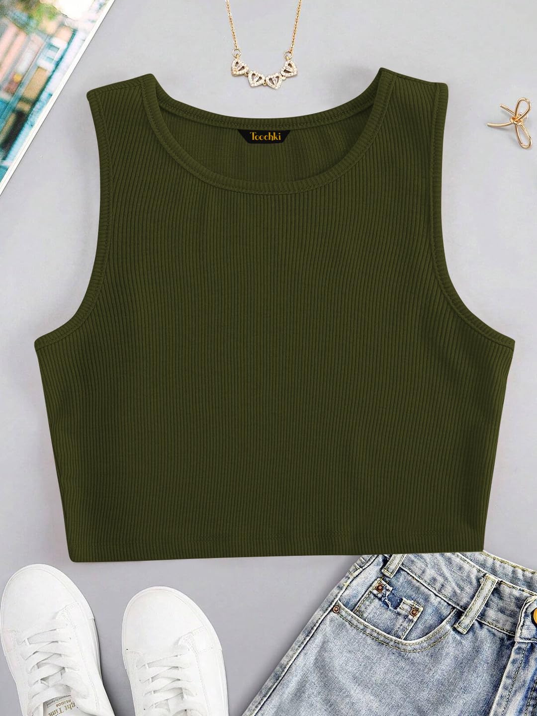 Toochki Tops for Woman | Spandex Top | Crop | Short | Western | for Jeans | Sleeveless | Stretchable | Olive