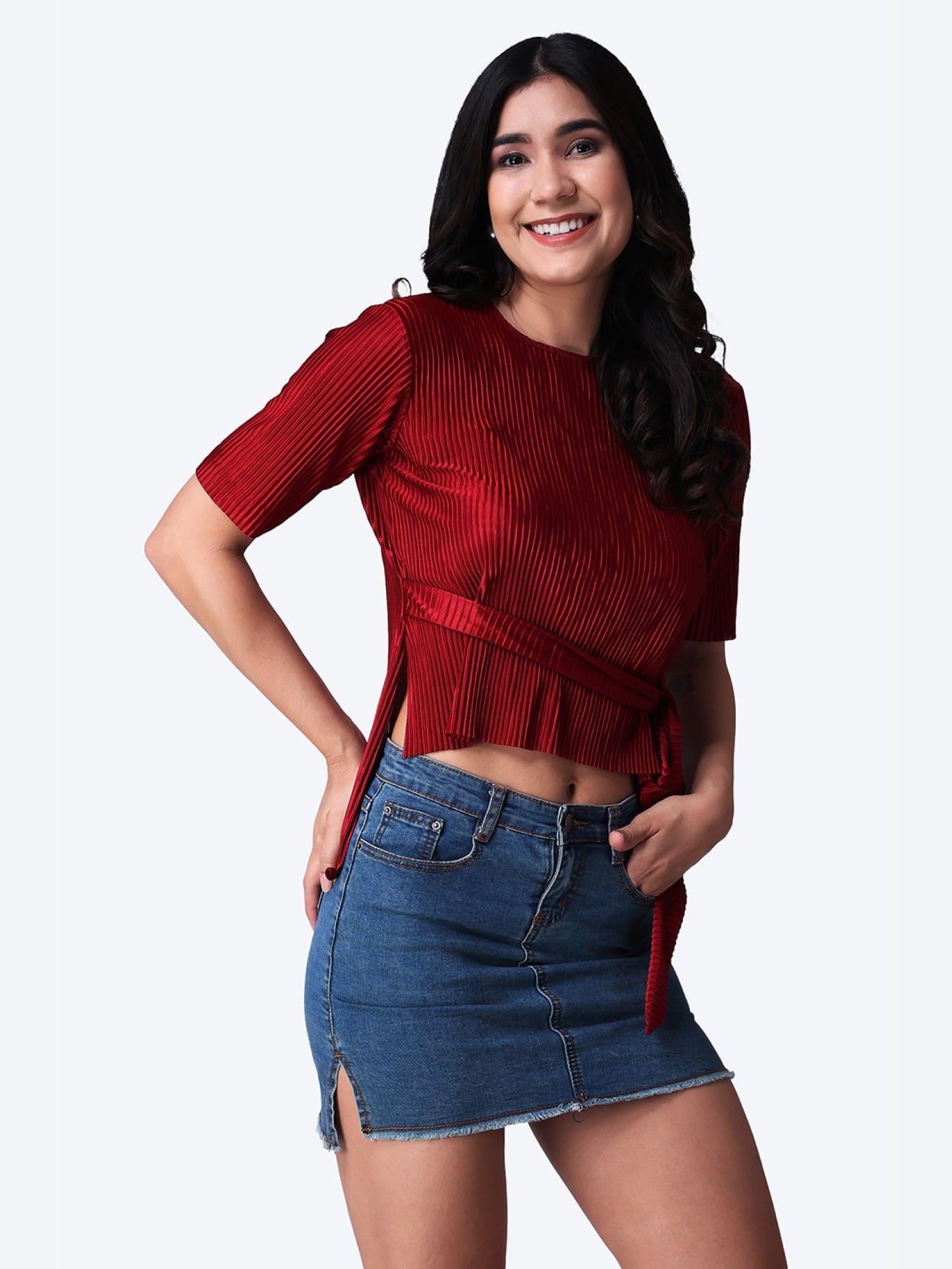 POPWINGS Casual Wrinkle Belt Top for Women || Round-Neck Stylish Summer Tops for Women || Half Sleeves Tops for Women Maroon