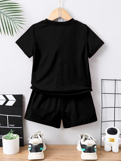 AVANOVA Boys Black 2pcs/Set Young Boy Loose Comfortable T-Shirt With Los Angeles Print And Shorts, Casual Cute Style Suitable F