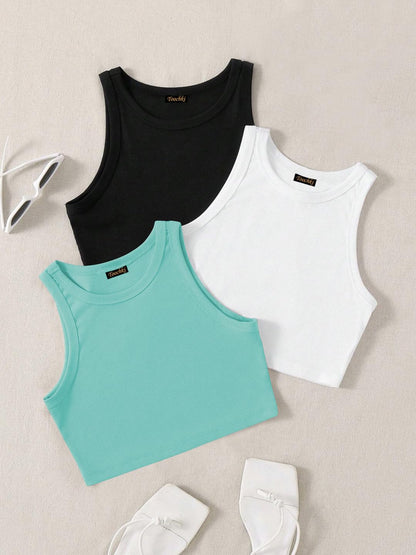Toochki Tops for Woman | Spandex Top | Crop | Short | Western | for Jeans | Sleeveless | Stretchable | Pack of Three | Black-Whi