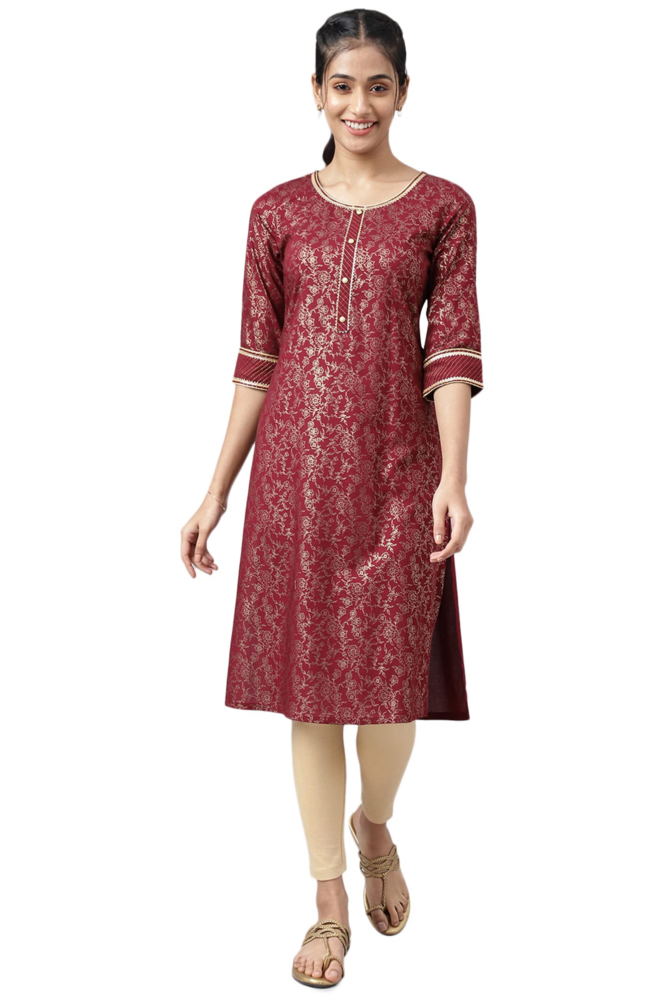 Aurelia Women Dark Maroon Rayon Floral Printed Straight Kurta