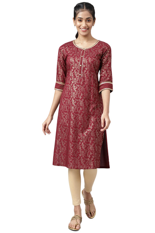 Aurelia Women Dark Maroon Rayon Floral Printed Straight Kurta