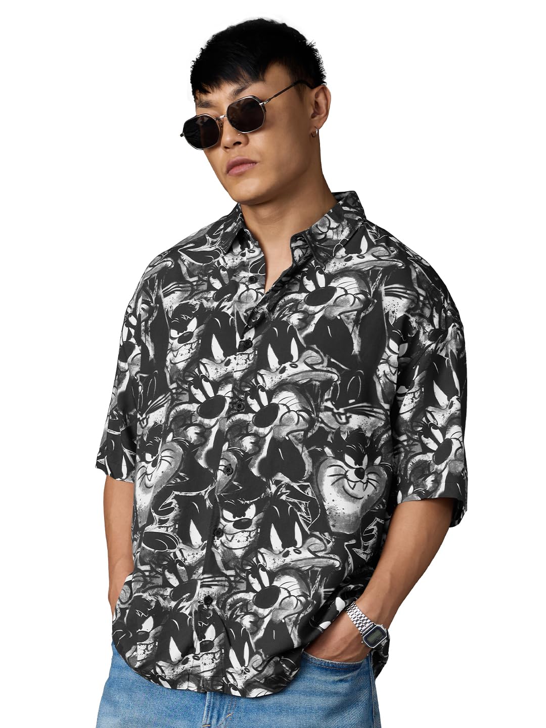 The Souled Store Looney Tunes: Sylvester Men and Boys Short Sleeves Collared Neck Black All Over Printed Viscose Lightweight Cas