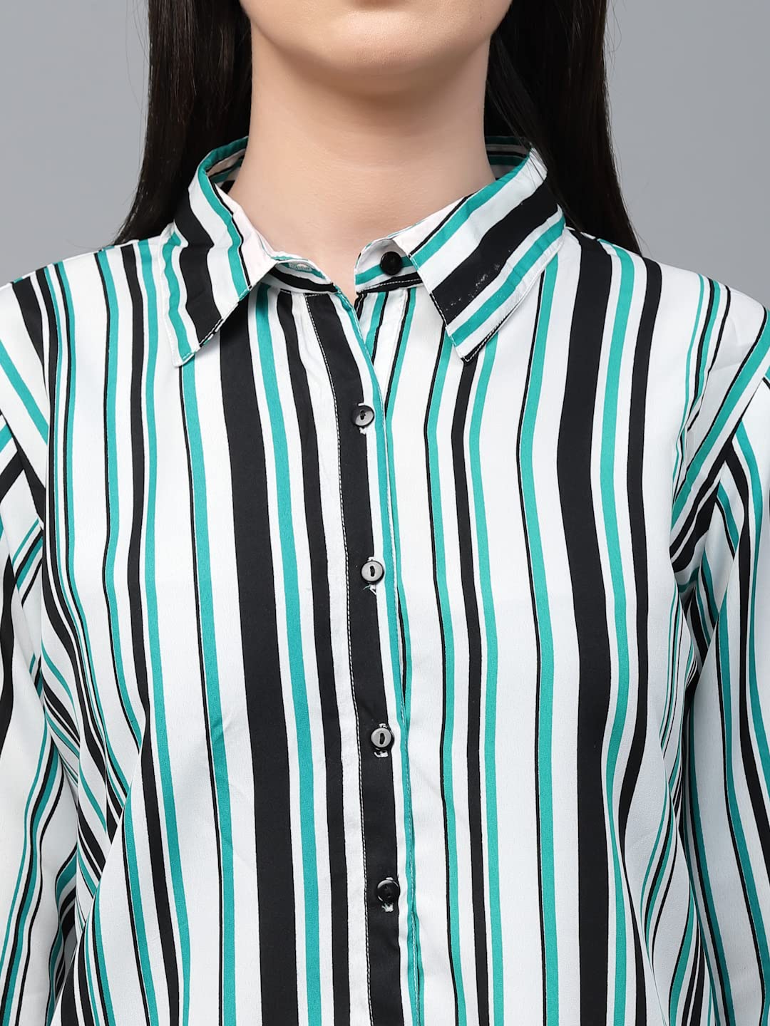 Style Quotient Women White and Green Stripe Polyester Regular Smart Casual Shirt