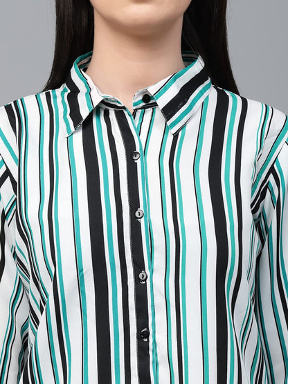 Style Quotient Women White and Green Stripe Polyester Regular Smart Casual Shirt