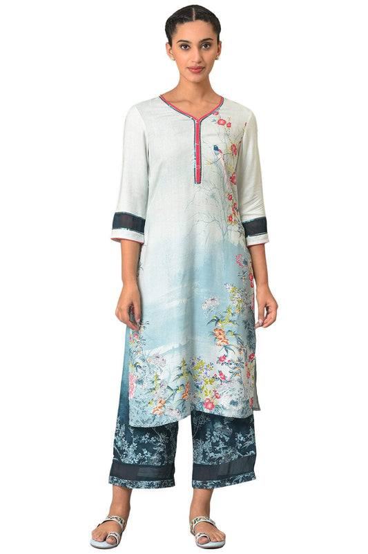 Aurelia Woman Rayon Twill Straight Floral Printed Blue Kurta and Pants Set | Floral Printed Summer Kurta and Culottes Set For Women